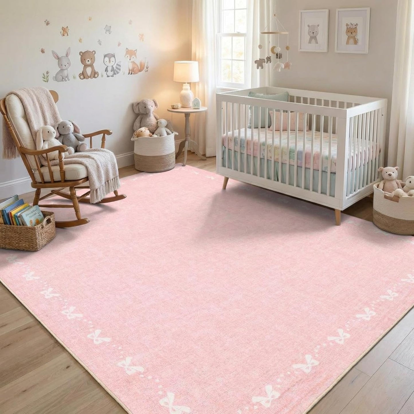 Garvee Bow Washable 8x10 Area Rugs for Living Room Non Slip Soft Pink Rugs for Grils Bedroom Low Pile Foldable Large Area Rug Stain Resistant Carpet for Nursery Dining Room Playroom, Pink