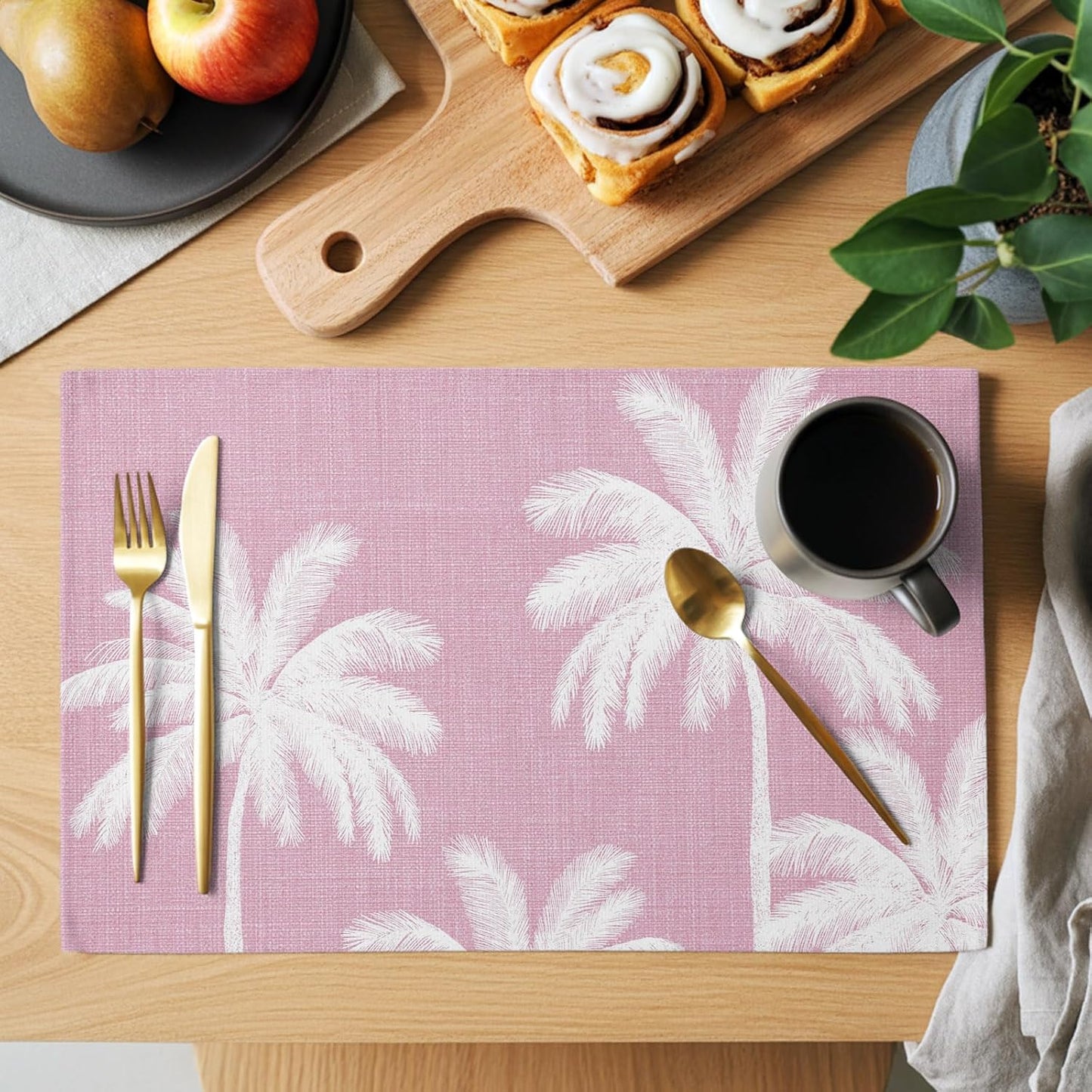 Peach Pink Palm Tree Placemats Set of 1 Summer Botancial Tropical Farmhouse Place Mats Indoor Wipeable Table Mats Washable Cloth Dining Table Placemats for Kitchen Holiday Party Home Decor 13x19 Inch