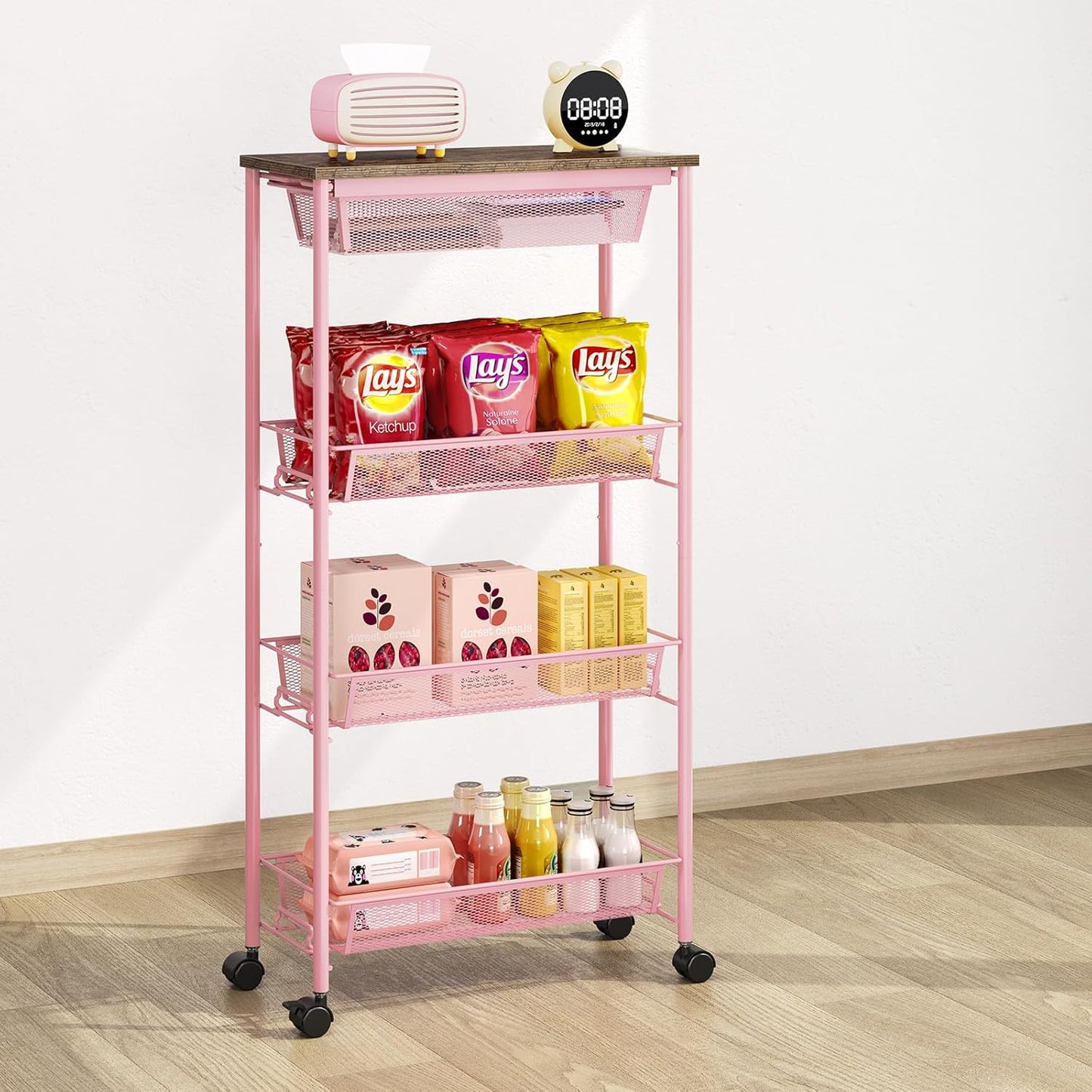 KINGRACK 4-Tier Slim Storage Cart, Metal Rolling Cart, Organizer with Wooden Tabletop and Drawer Basket, Mobile Shelving Unit for Kitchen, Bathroom, Laundry Room, Pink