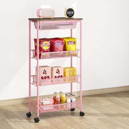 KINGRACK 4-Tier Slim Storage Cart, Metal Rolling Cart, Organizer with Wooden Tabletop and Drawer Basket, Mobile Shelving Unit for Kitchen, Bathroom, Laundry Room, Pink