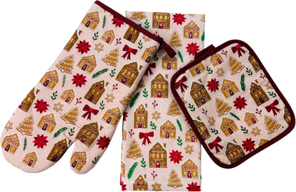 Holiday Kitchen Dish Towel and Pot Holders – Set of 3 100% Cotton Pink Gingerbread Houses, Trees, and Poinsettia Design – One (1) Kitchen Towel, One (1) Oven Mitt, and One (1) Pot Holder