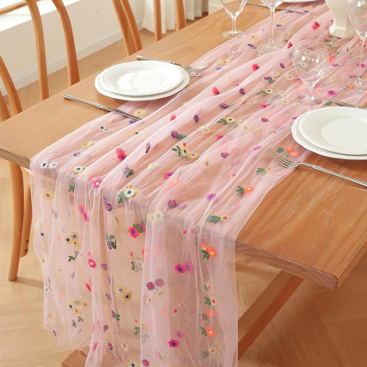 Pink Embroidery Daisy Fall Table Runner 10ft Florals Seasonal Tulle Table Runner Holiday Kitchen Dining Table Decoration for Home Party Indoor