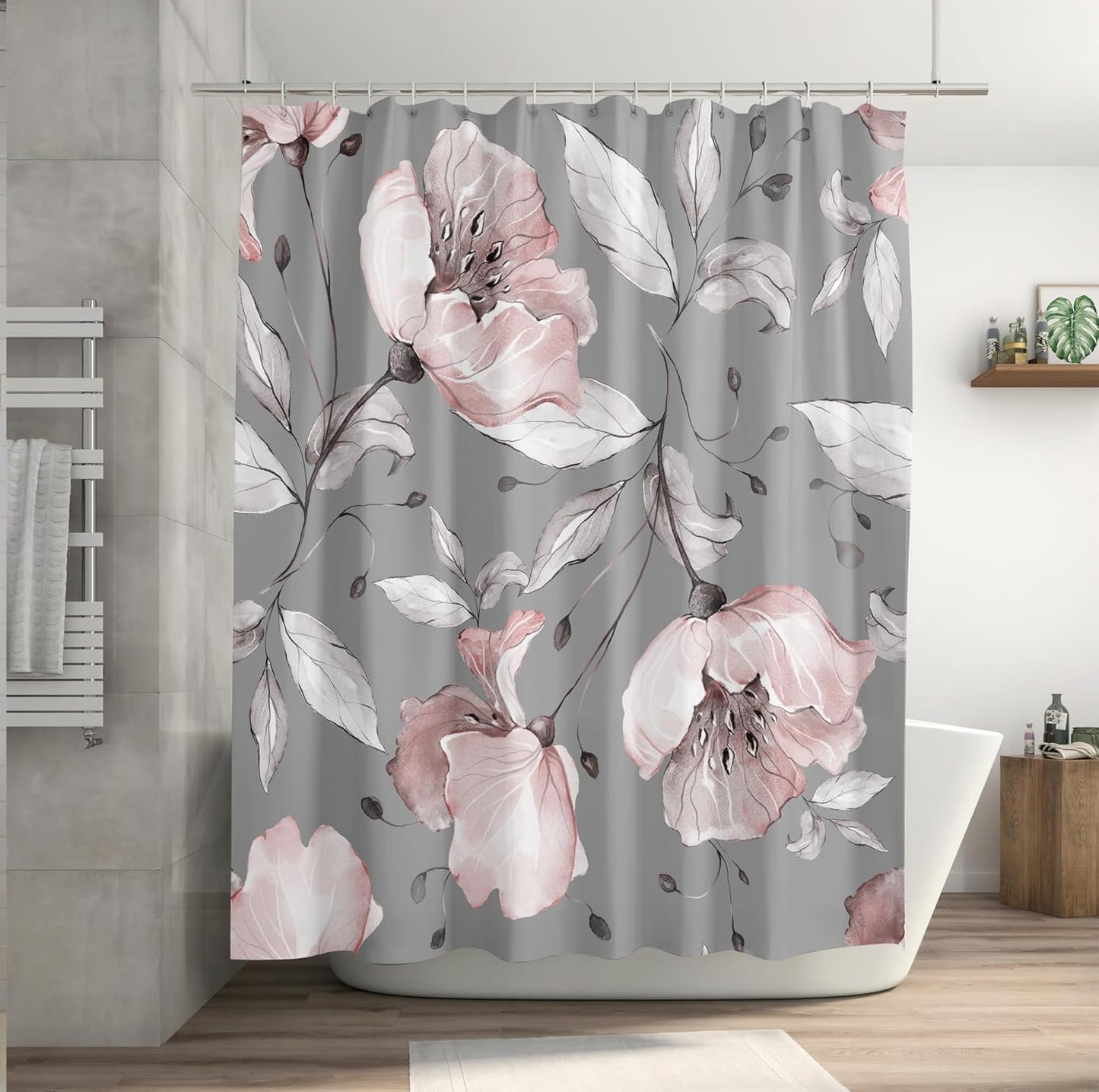 Grey Pink Flower Shower Curtains 72 x 72 Inch, Waterproof Fabric Watercolor Botanical Floral Shower Curtains for Bathroom with 12 Hooks