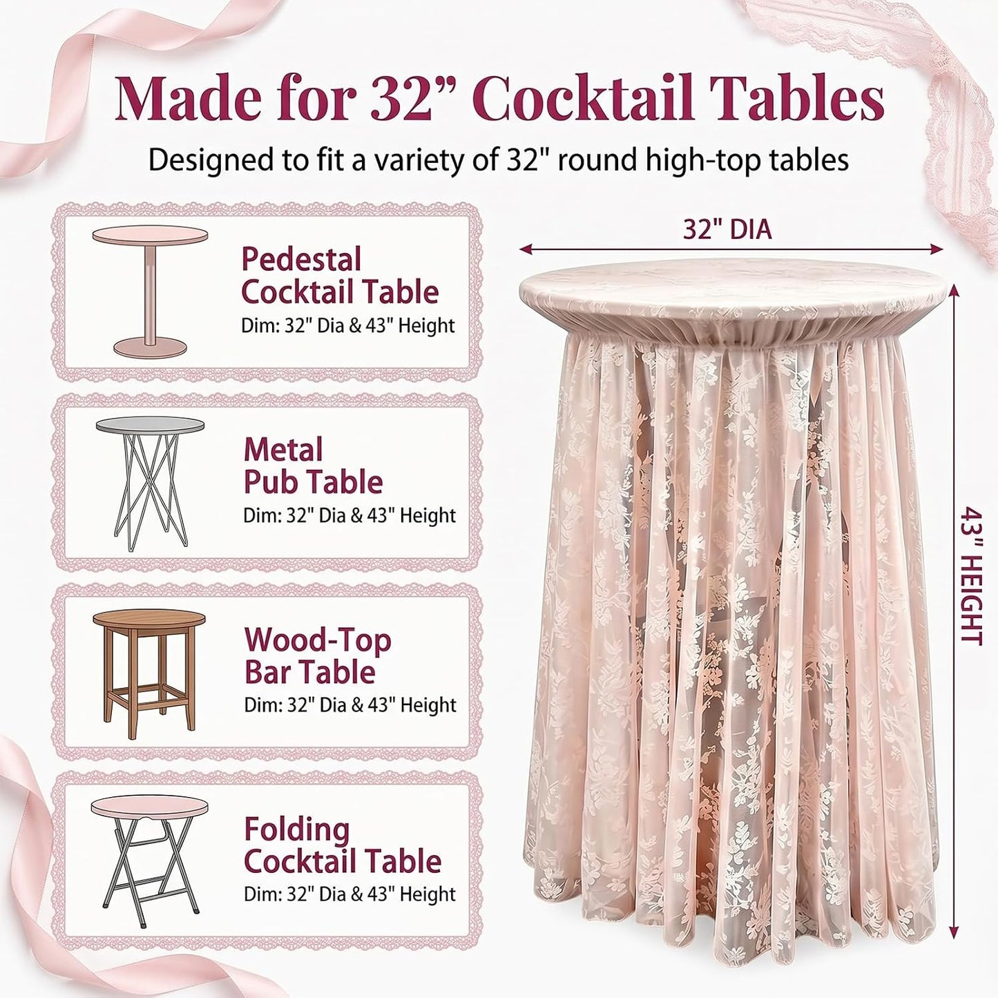 2-Pack Coral Pink Lace Fabric Cocktail Table Covers, Stretch High Top Highboy Tablecloths with Ruffle Skirt, Wrinkle-Resistant, for Wedding Fashion Banquet Home Party Tables (32" Dia x 43" H)