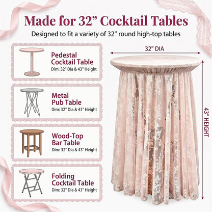 2-Pack Coral Pink Lace Fabric Cocktail Table Covers, Stretch High Top Highboy Tablecloths with Ruffle Skirt, Wrinkle-Resistant, for Wedding Fashion Banquet Home Party Tables (32" Dia x 43" H)