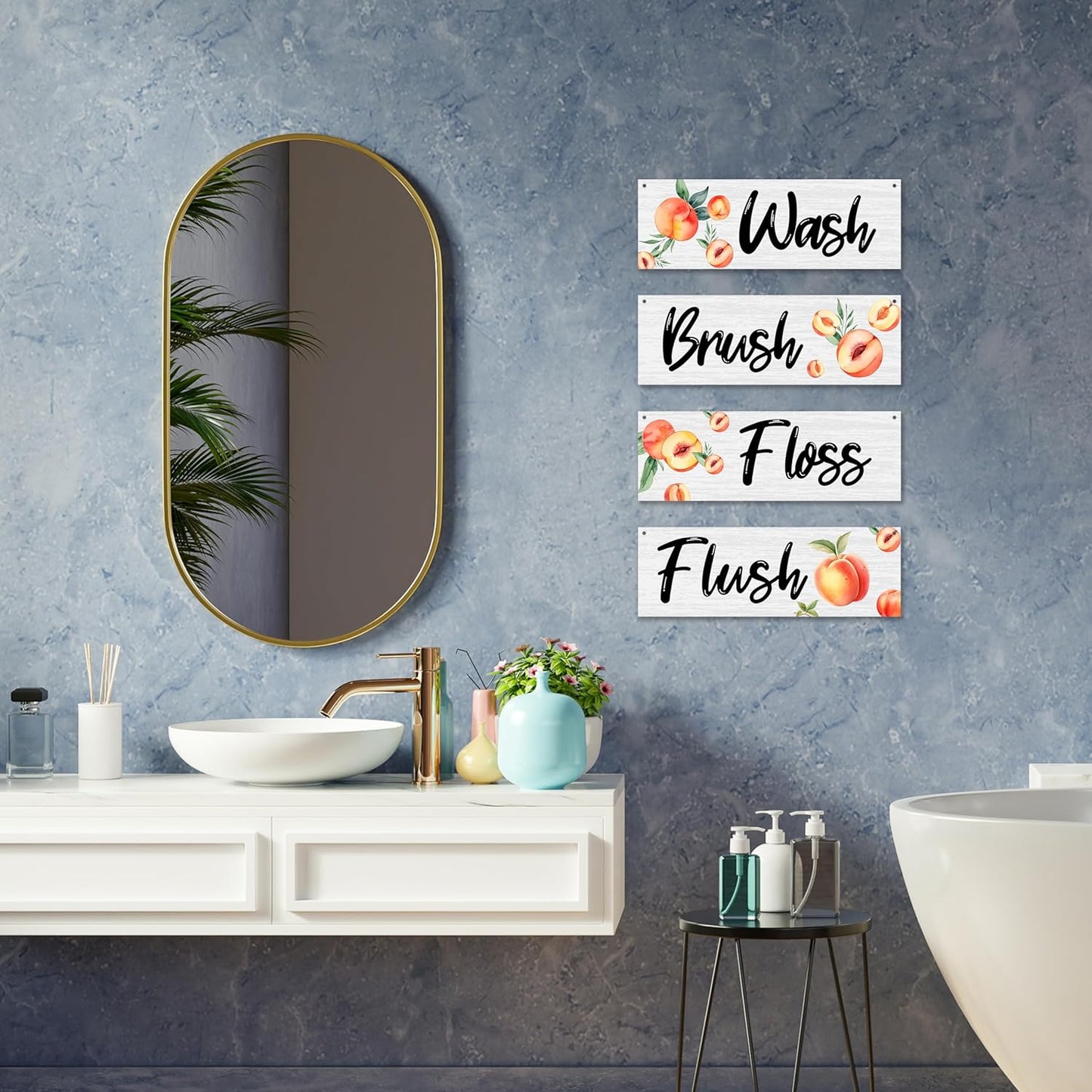 4 Pcs Minimalism Peach Bathroom Wall Decor Sign, Bathroom Wall Art Decor Gift, Wash Brush Floss Flush Wooden Hanging Plaque Sign For Farmhouse Home Bathroom Restroom Spa Room Laundry Room -18