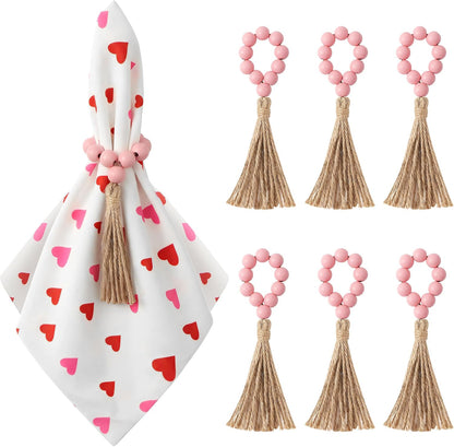 APTWOW Valentine Napkin Rings Set of 6, Pink Wooden Bead Napkin Rings for Table Decor, Valentine's Day Farmhouse Napkins Rings for Boho Table Decor, Spring Banquet, Wedding, Easter