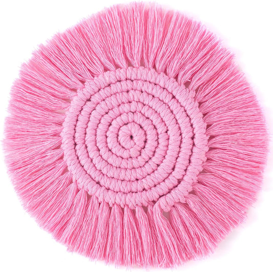 Pndeyo Round Coasters for Drinks Absorbent, Boho Braided Coasters with Tassels, Heat Resistant Cotton Coffee Cup Mat for Home Decor Wooden Tabletop Protection- Pink