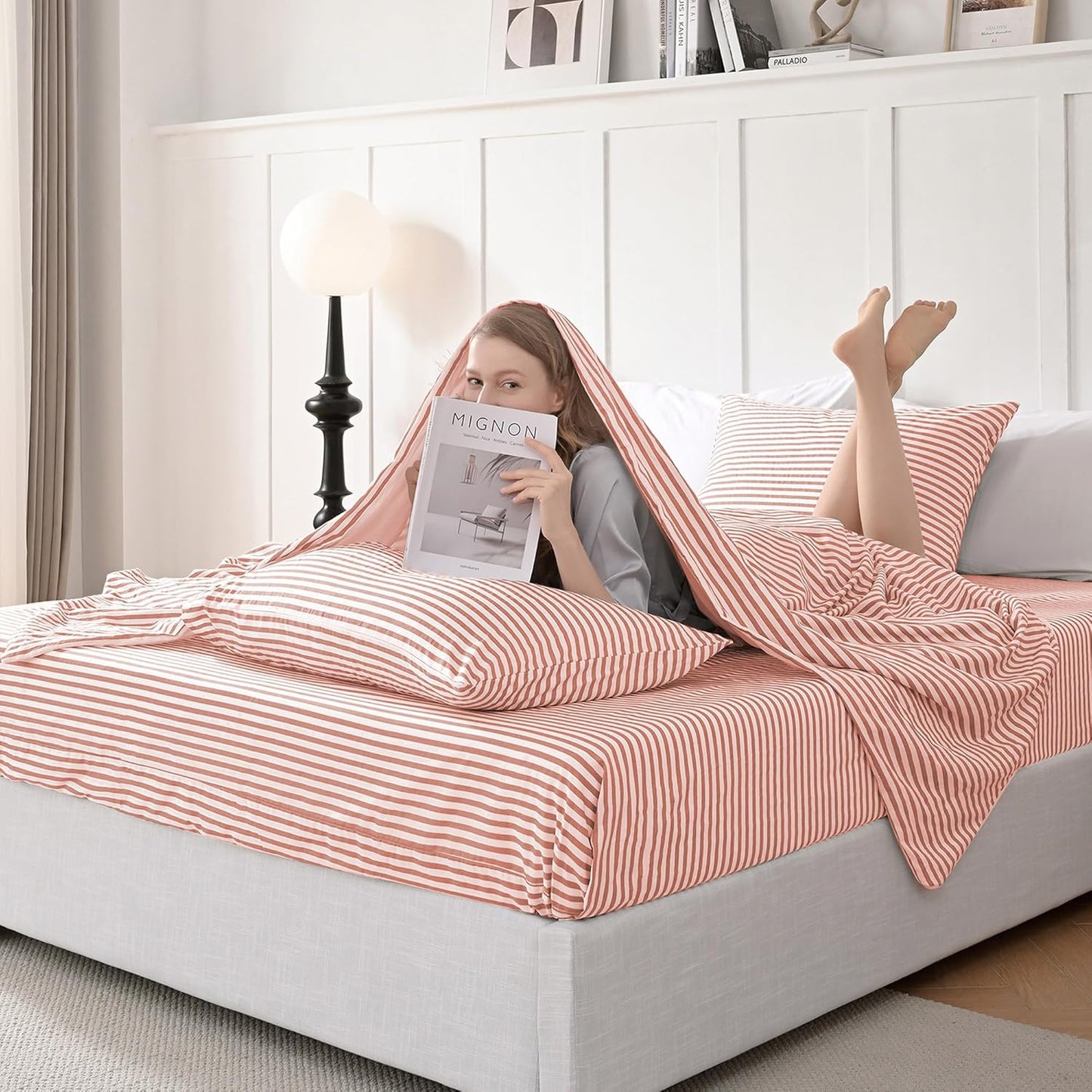 JELLYMONI Natural Cotton Bedding Set, 4-Piece Striped Sheets – King Size, Pink