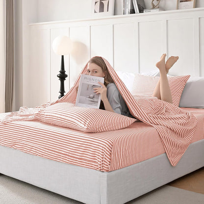 JELLYMONI Natural Cotton Bedding Set, 4-Piece Striped Sheets – King Size, Pink