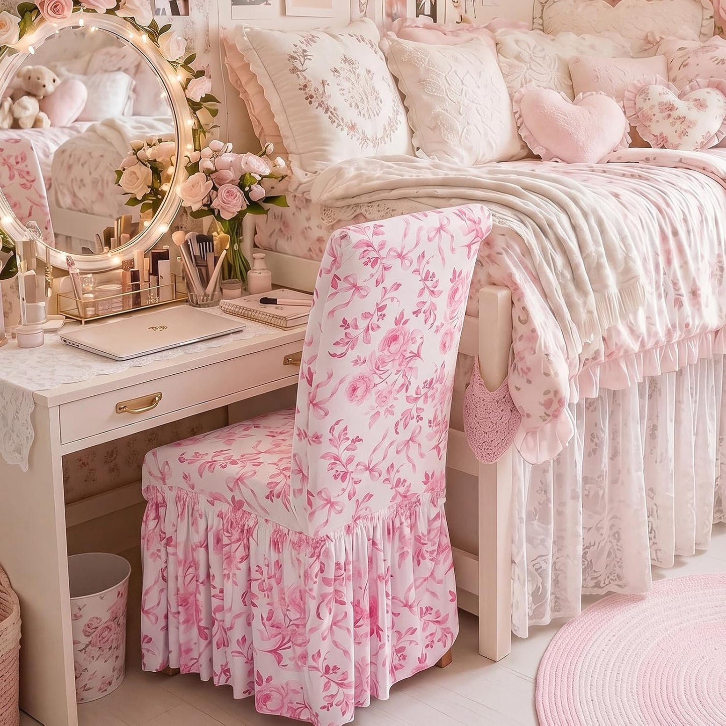 Gerrii Fancy Garden Pink Bow Dorm Chair Cover Coquette Bow Room Decor College Apartment Decor Dining Chair Covers Washable Furniture Protector with Skirt Country Style for Dorm Room Home Bedroom