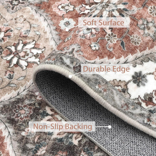 ROYHOME 8x10 Area Rug Moroccan Trellis Machine Washable Rug Vintage Medallion Distressed Indoor Accent Rug Stain Resistant Non-Slip Floor Cover Carpet for Living Room Bedroom, Pink/Grey