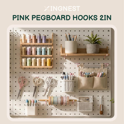 50-Pack Pink Pegboard Hooks 2 Inch - Fits 1/8 and 1/4 Inch Boards | Decorative Metal Peg Board Hangers with Rubber Safety Tips - Heavy Duty Organizer for Craft Room, Garage & Retail Display
