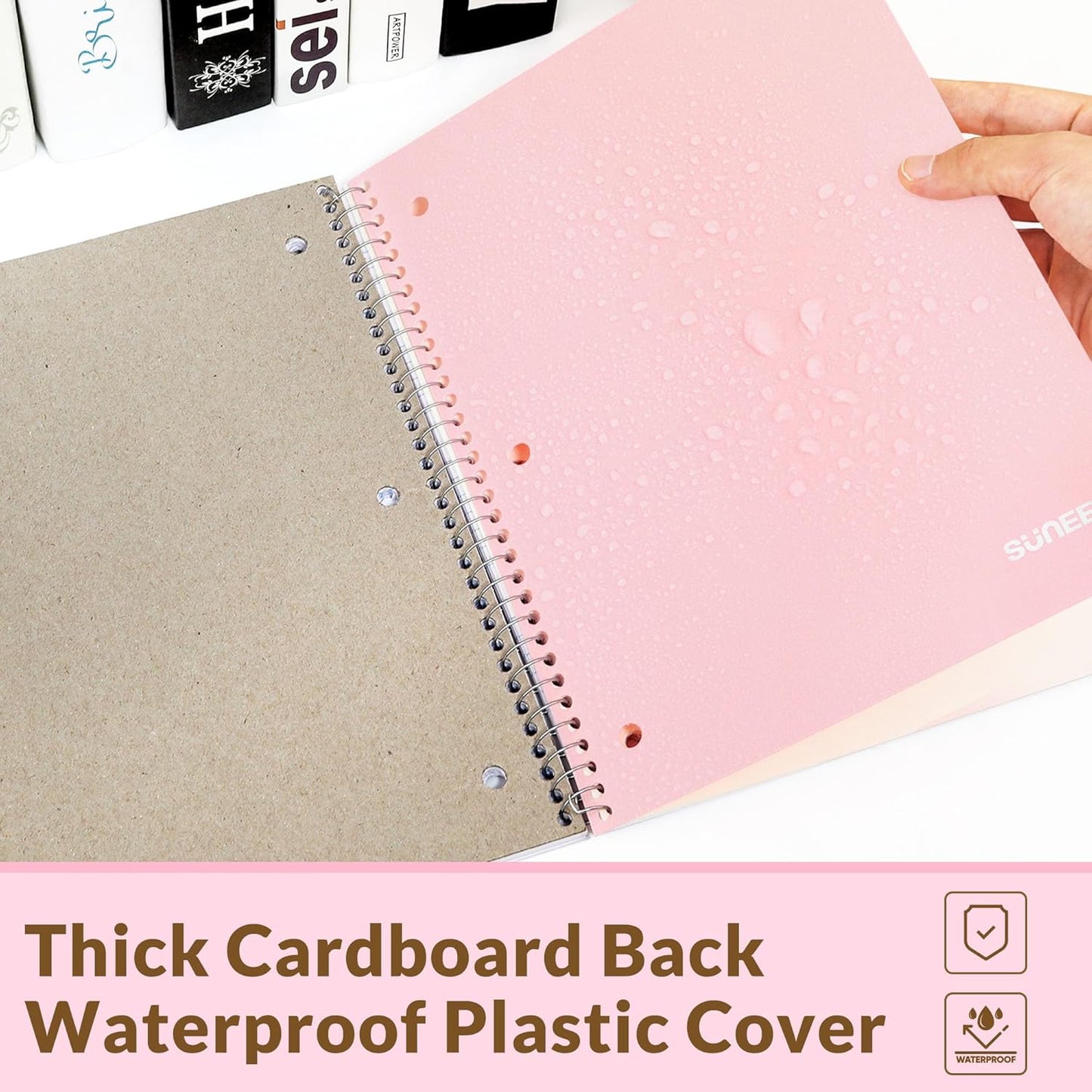 SUNEE Spiral Notebook, 1-Subject, Wide Ruled Paper, 8" x 10-1/2", 100 Sheets per Notebook, 3-Hole Punched Paper, Water Resistant Cover, Double-sided Pockets, Spiral Lined Notebooks for School, Pink
