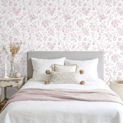 VEELIKE Blush Pink Toile Wallpaper Peel and Stick Floral Wallpaper with Birds Fruits 17.7''x118'' Self Adhesive Contact Paper Removable Chinoiserie Wall Paper for Girls Bedroom Nursery Powder Room