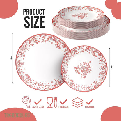 Trendables Disposable Plates For Party Supplies | Pink Floral Plastic Plates For Wedding 80 Pcs - 40 X 8 & 40 X 10 Dinner Plate Sets | Floral Plate Set Disposable Plastic Dinnerware Sets