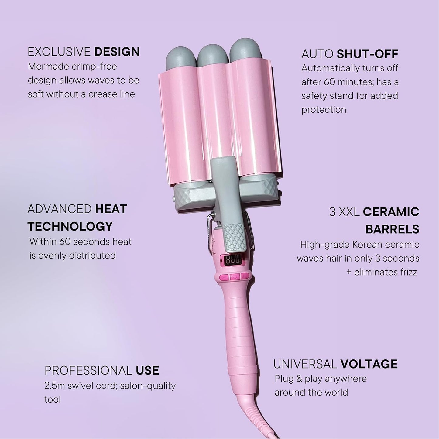 Mermade PRO Hair Waver 1.25" - 3 Barrel Curling Iron 1 1/4 Inch, Ceramic Barrel Waver Tool for Thick, Thin, Long, or Short Hair - 1.25", Pink with Glove