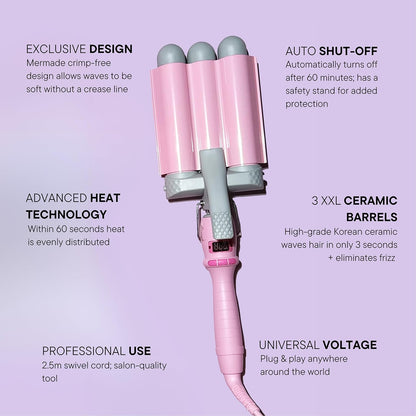 Mermade PRO Hair Waver 1.25" - 3 Barrel Curling Iron 1 1/4 Inch, Ceramic Barrel Waver Tool for Thick, Thin, Long, or Short Hair - 1.25", Pink with Glove