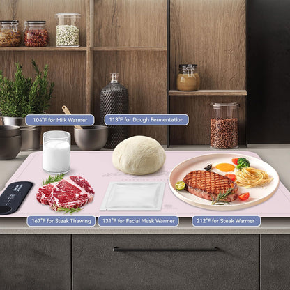 Revolutionary Rollable Full Surface Heating Warming Mat for Food Party Buffet Daily Use, Portable Electric Silicone Defrosting Tray, Hot Plate Keep Food Warm (Light Pink)