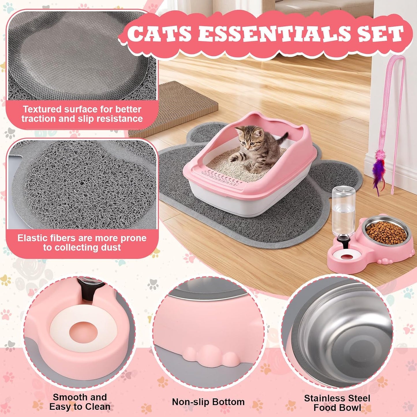 8 Pcs Kitten Supplies Starter Kit, Cat Kitten Starter Kit Essentials Includes Cat Litter Box mat Bowls Folding Carrier Scratch Pad Accessories for Welcome Gift Supplies(Pink)