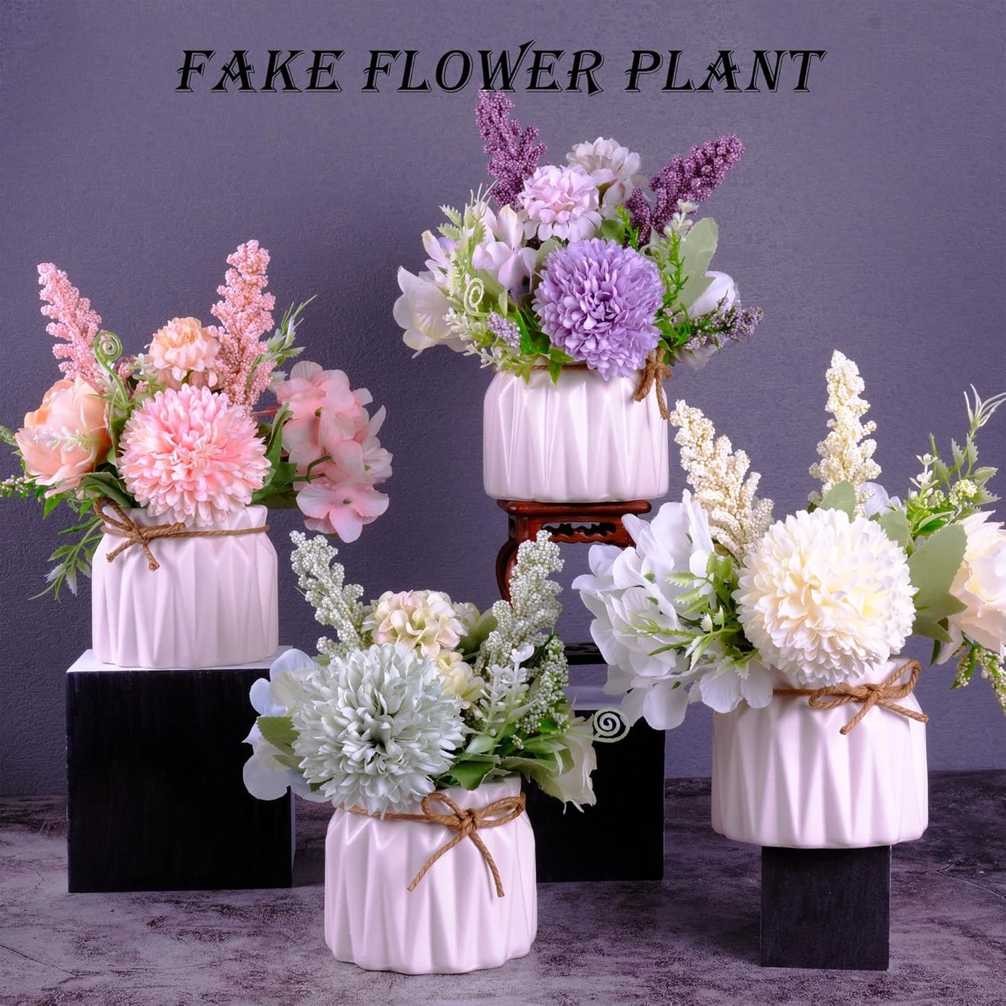 Artificial Potted Flowers Pink, Small Ceramic Vase Fake Flower Plants Desktop Decoration Indoor for Home and Office, Faux Flowers Hydrangea Decora for Table,Bookshelf,Bedroom,Living Room,Party.(Pink)