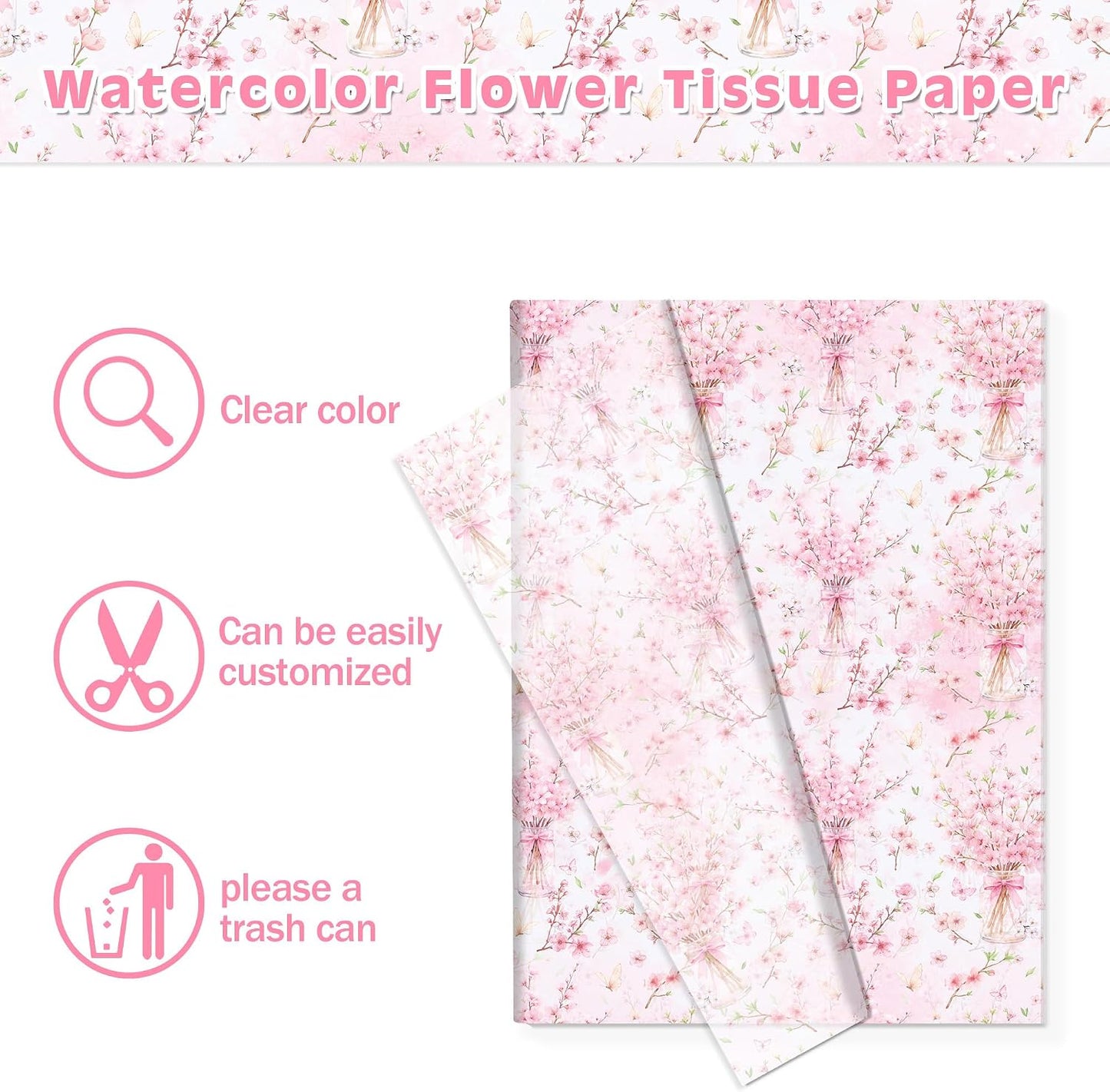 50 Sheets Pink Floral Tissue Papers, Peach Blossoms Flower Gift Wrapping Paper Art Decorative Tissue for Wedding Birthday Bridal Shower Craft Tea Party Favor Decoration, 14 x 20 Inch (A)