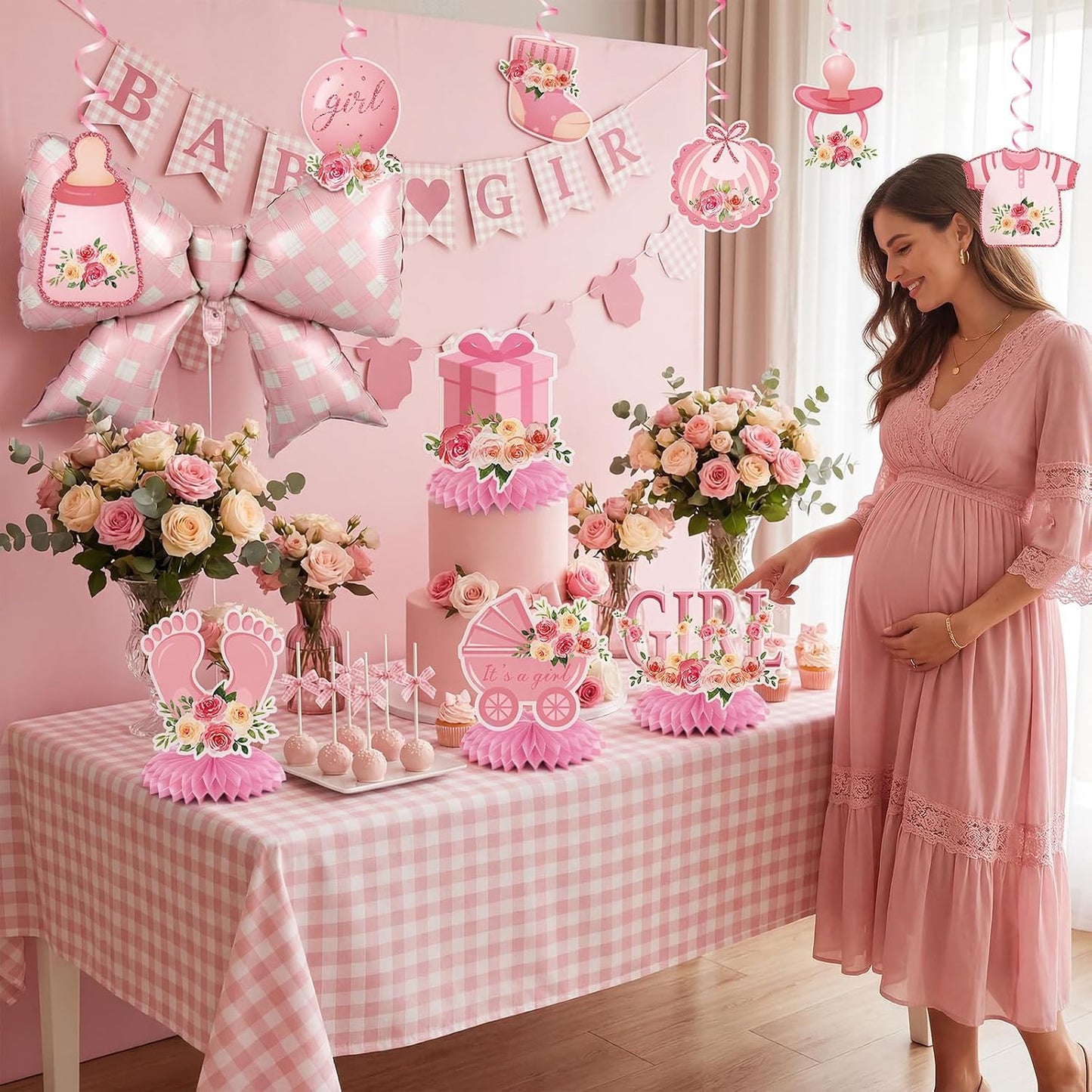Mindsoft 14 Pcs Pink Girl Baby Shower Decorations Set with Gingham Garland Banner Honeycomb Centerpiece Hanging Swirls Pink Plaid Bowknot Foil Balloons for Birthday Baby Shower Reveal Party Supplies