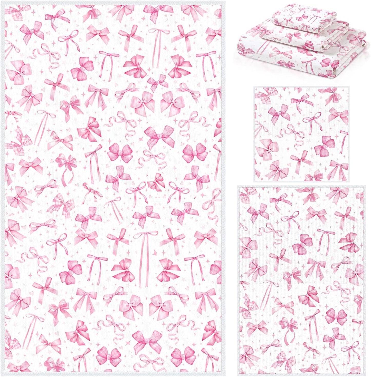 Moukeren Set of 3 Pink Bow Bath Towels Cute Coquette Bow Bath Towel Hand Towel and Washcloth Soft Decorative Towels for Girls Womens Bathroom Kitchen Pool Gym Spa Yoga