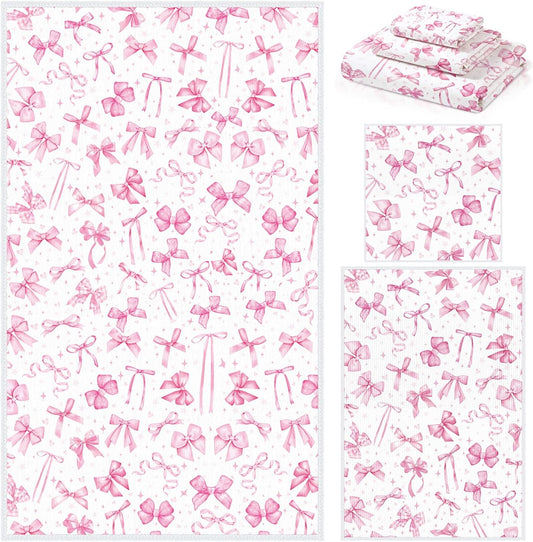 Moukeren Set of 3 Pink Bow Bath Towels Cute Coquette Bow Bath Towel Hand Towel and Washcloth Soft Decorative Towels for Girls Womens Bathroom Kitchen Pool Gym Spa Yoga