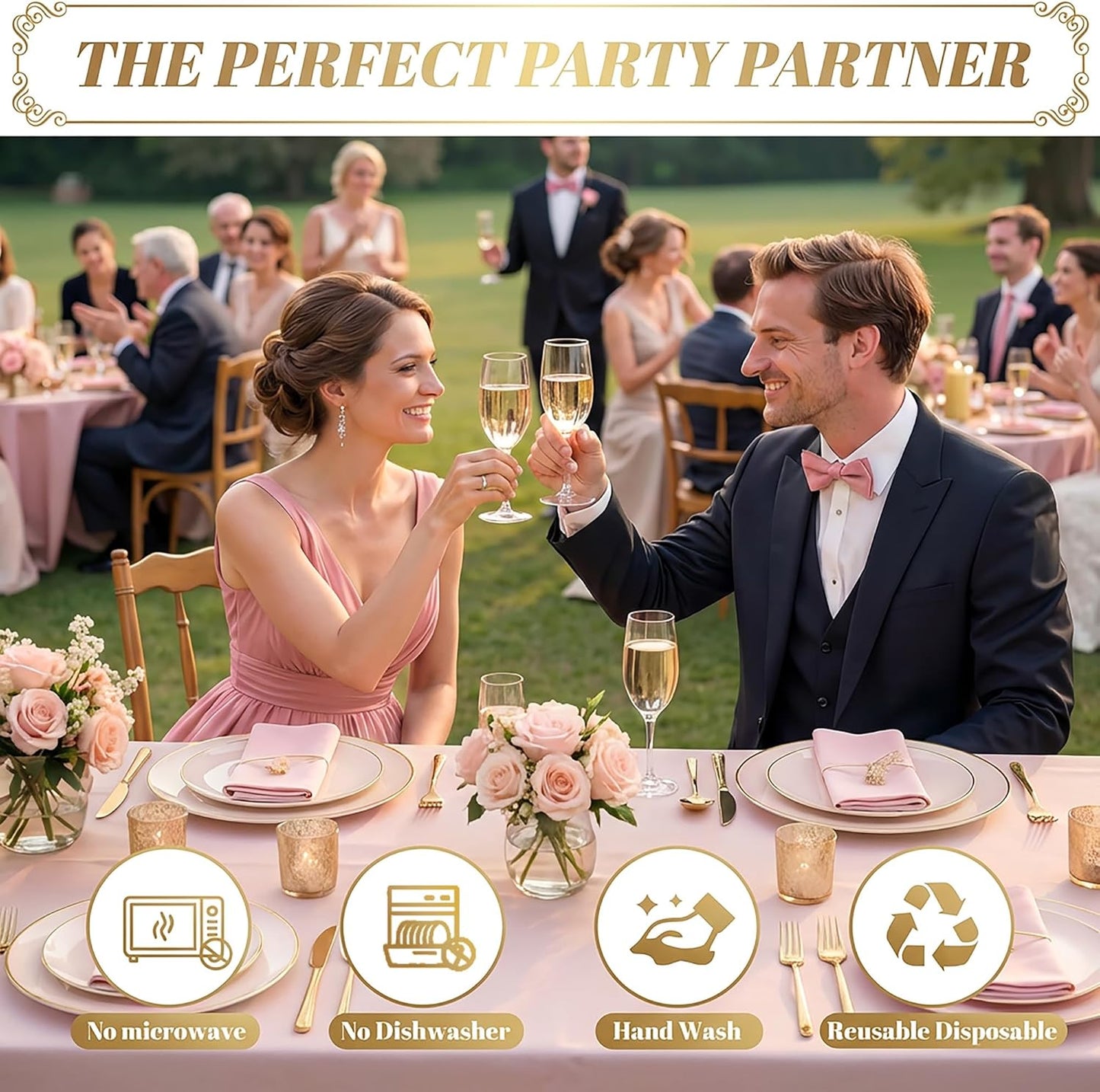 I00000 150 PCS Pink Plastic Plates for Party,Heavy Duty Pink Disposable Plates,Gold Dinnerware Set Include 30 Dinner Plates,30 Dessert Plates,30 Gold Plastic Silverware Set for Mother's Day