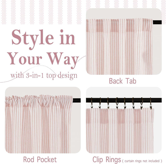 RYB HOME Cafe Striped Curtains for Kitchen Bathroom Small Window, Linen Pinstripe Drapes Valance 36 inch Length for Living Room Short Tier Boho Rustic Farmhouse, Pink, W26 x L36, 2 Panels