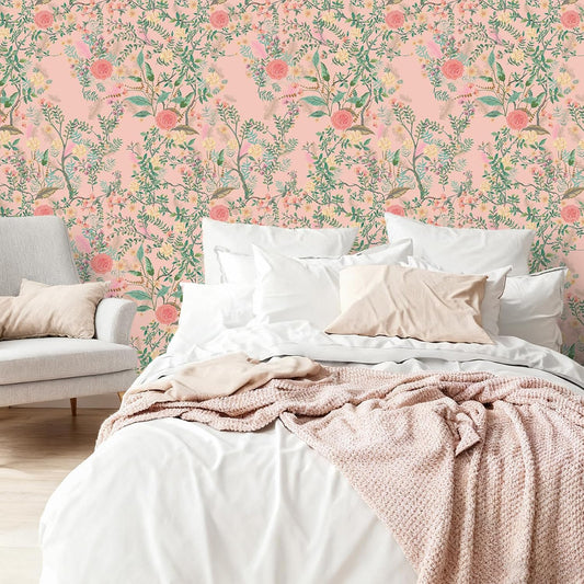 VEELIKE Peach Pink Floral Wallpaper Stick and Peel Vintage Chinoiserie Wallpaper for Bedroom Girls Room Bathroom 17.7''x118'' Self Adhesive Floral Contact Paper Pink Flower Wall Paper for Room Decor