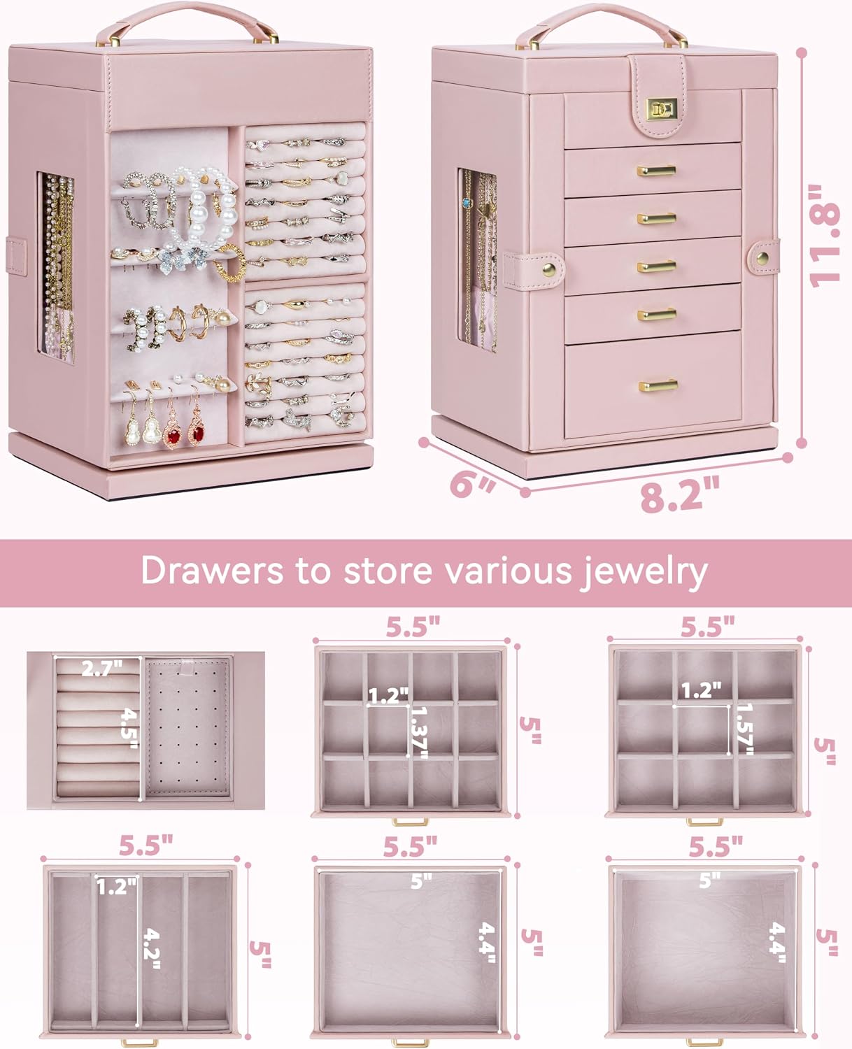 AKOZLIN 6-Tier Jewelry Box Organizer Functional 5 Drawers Leather Jewelry Storage Case for Women Girls Ring Necklace Earring Bracelet Holder Organizer with Mirror Pink 360° Rotating