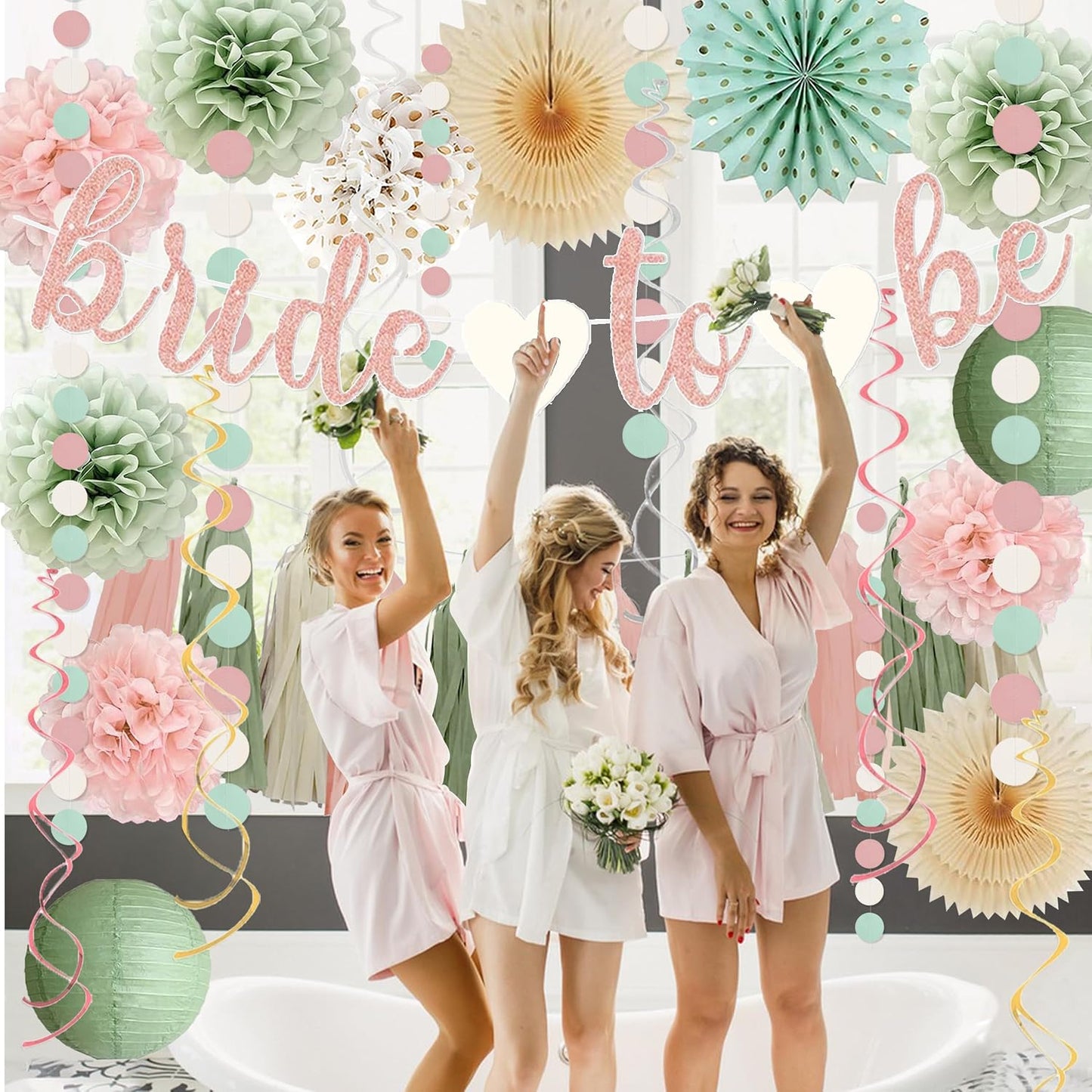 Sage Green and Blush Pink Bachelorette Party Decorations - Bride To Be Banner, Sage Green Paper Lanterns, Streamers, Tissue Pom Poms, Blush Pink Beige Boho Paper Tassel, Rustic Backdrop Decor
