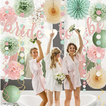 Sage Green and Blush Pink Bachelorette Party Decorations - Bride To Be Banner, Sage Green Paper Lanterns, Streamers, Tissue Pom Poms, Blush Pink Beige Boho Paper Tassel, Rustic Backdrop Decor