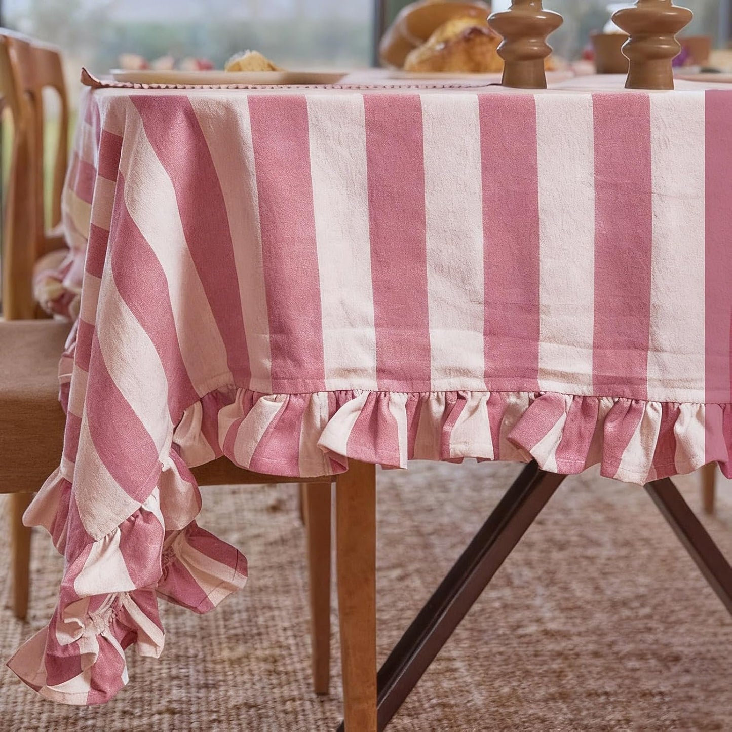 JarThenaAMCS Ruffle Tablecloth Cotton Table Cloth Boho Pink Beige Striped Decorative Rectangle Table Cover for Baby Shower Home Kitchen Party Wedding Decor, 55 x 70 Inch (Includes Ruffled Edges)