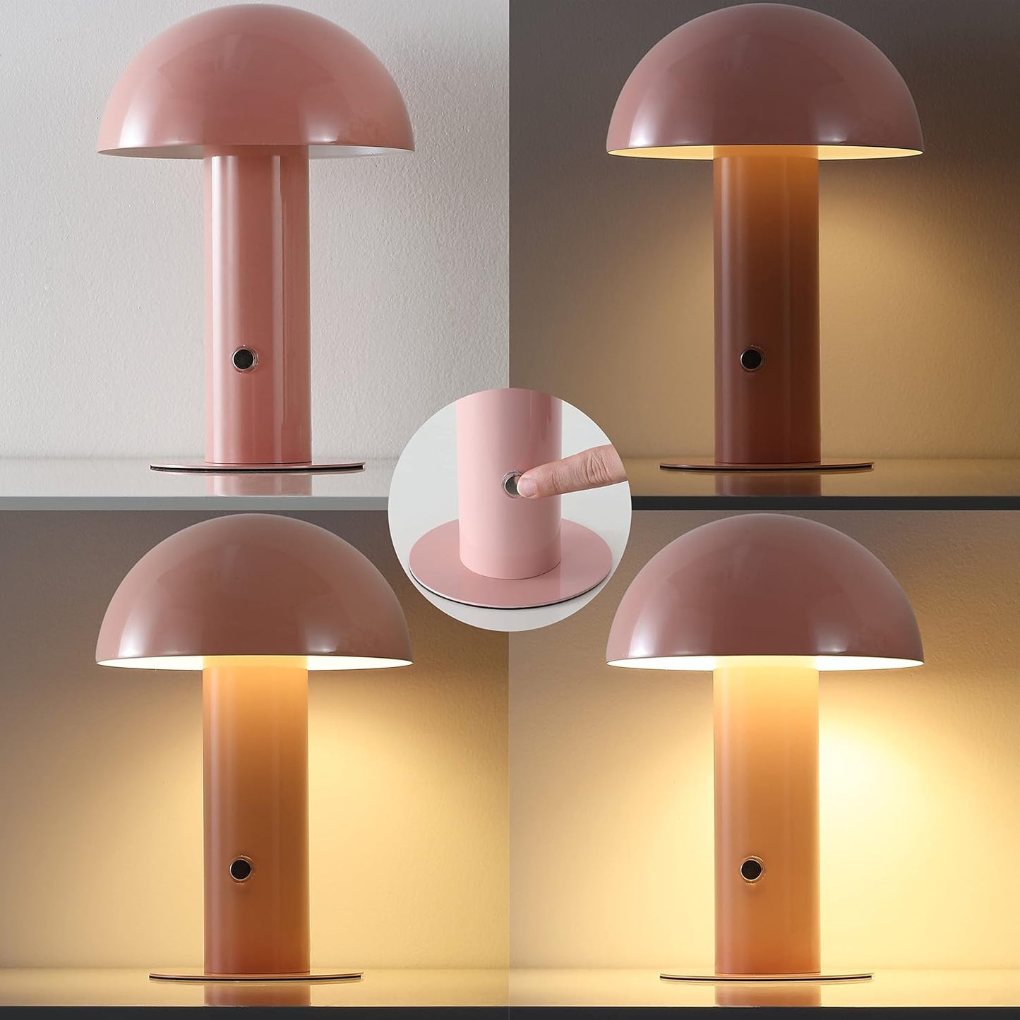 JONATHAN Y 10.75" Pink Rechargeable LED Mushroom Table Lamp, Cordless Portable Bedside Lamp for Living Room Bedroom, 3-Way Dimmable Modern Iron Desk Light, Metal Shade (JYL7115F)