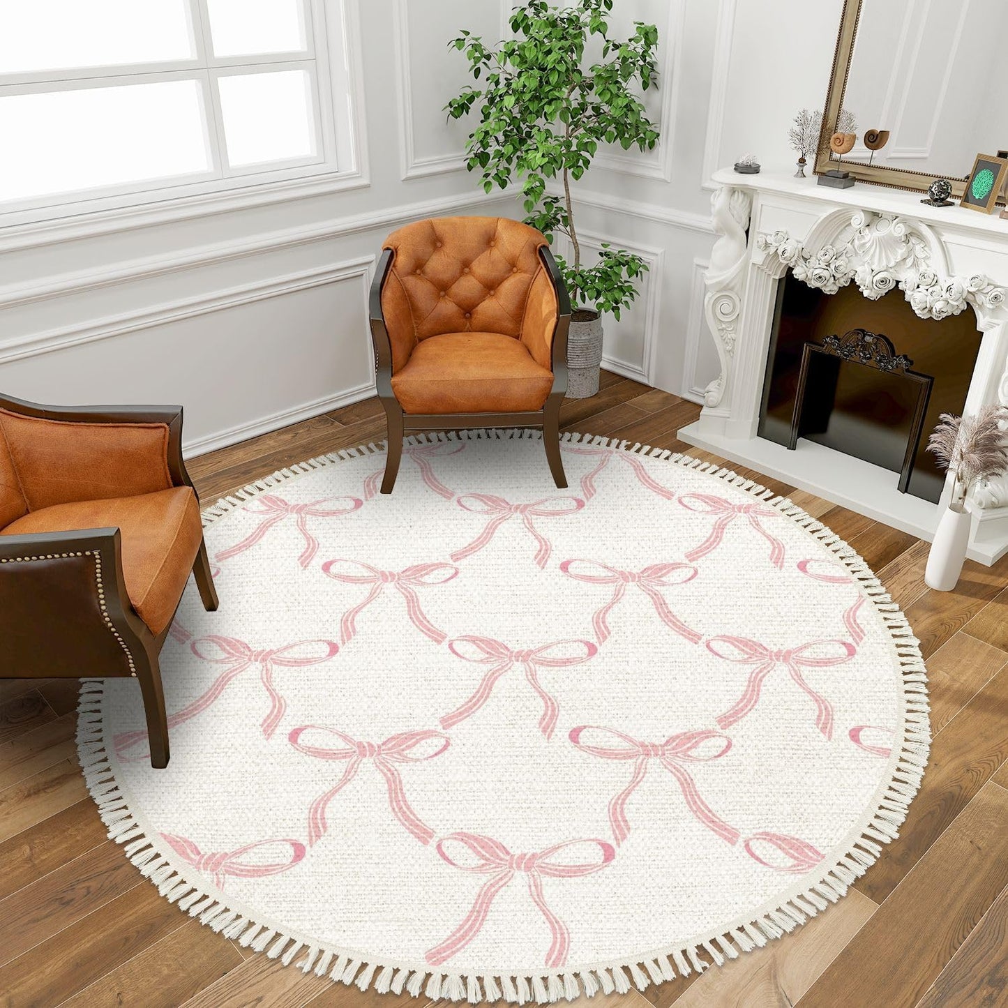 Pink Bow Rug Round Rugs Cute Coquette Pattern Seamless Pink Ribbon Bow White Boho Area Rugs Linen and Cotton Carpet Meditation Rug Washable Hallway Runner Mat for Bedroom Nursery 6ft