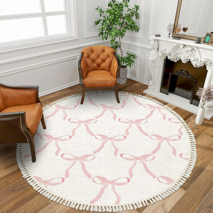 Pink Bow Rug Round Rugs Cute Coquette Pattern Seamless Pink Ribbon Bow White Boho Area Rugs Linen and Cotton Carpet Meditation Rug Washable Hallway Runner Mat for Bedroom Nursery 6ft