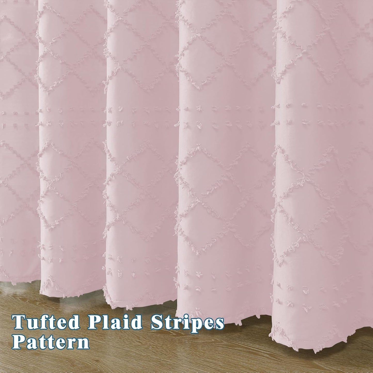Lecloud Blush Pink Fabric Shower Curtain 72x72 Inches, Clip Jacquard Minimalist Cloth Shower Curtain for Bathroom, Chic Tufted Plaid Striped Boho Fabric Shower Curtain for Hotel