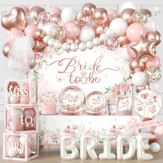 Cocomigo 330pcs Bride to Be Decorations, One-stop Set for 25 People, Includes 350gsm Plates Photo Props Cupcake Toppers Veil and Sash, Pink Bridal Shower Decorations for Female