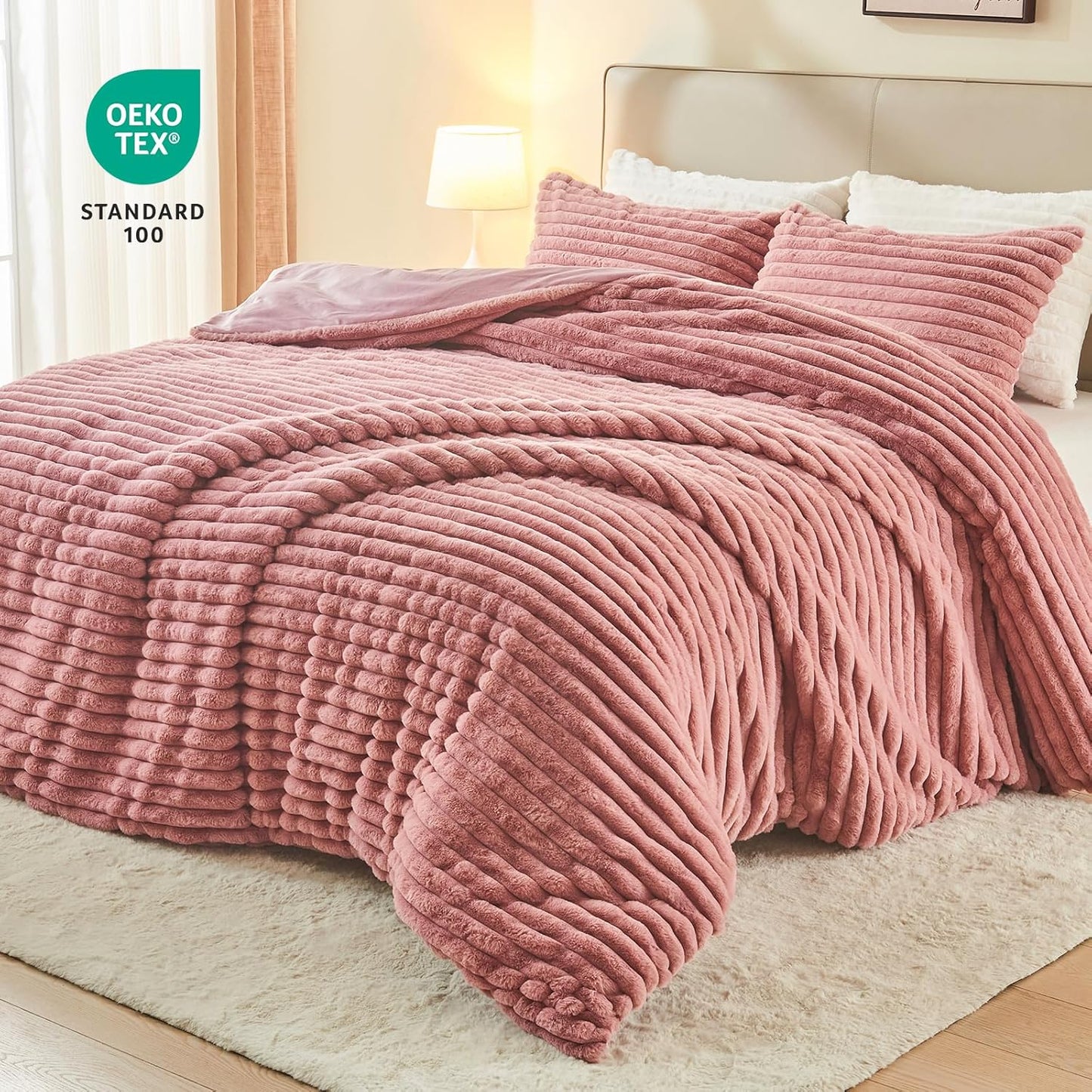 EMME Faux Fur Duvet Cover Queen Size, 3 Pieces Ultra Soft Fluffy Comforter Cover, Cozy Warm for Winter, Luxury Elegant Shaggy Striped Design Bedding, 1 Duvet Cover & 2 Pillow Shams (Queen, Old Pink)
