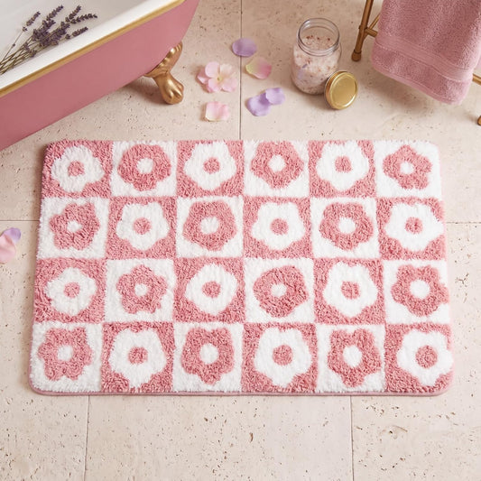 Drydiet Checkered Bathroom Rugs 20 x 32 Inches Soft Absorbent Microfiber Bath Mat Non-Slip Flower Cute Bathmat for Bathroom Bedroom Living Room (Pink)
