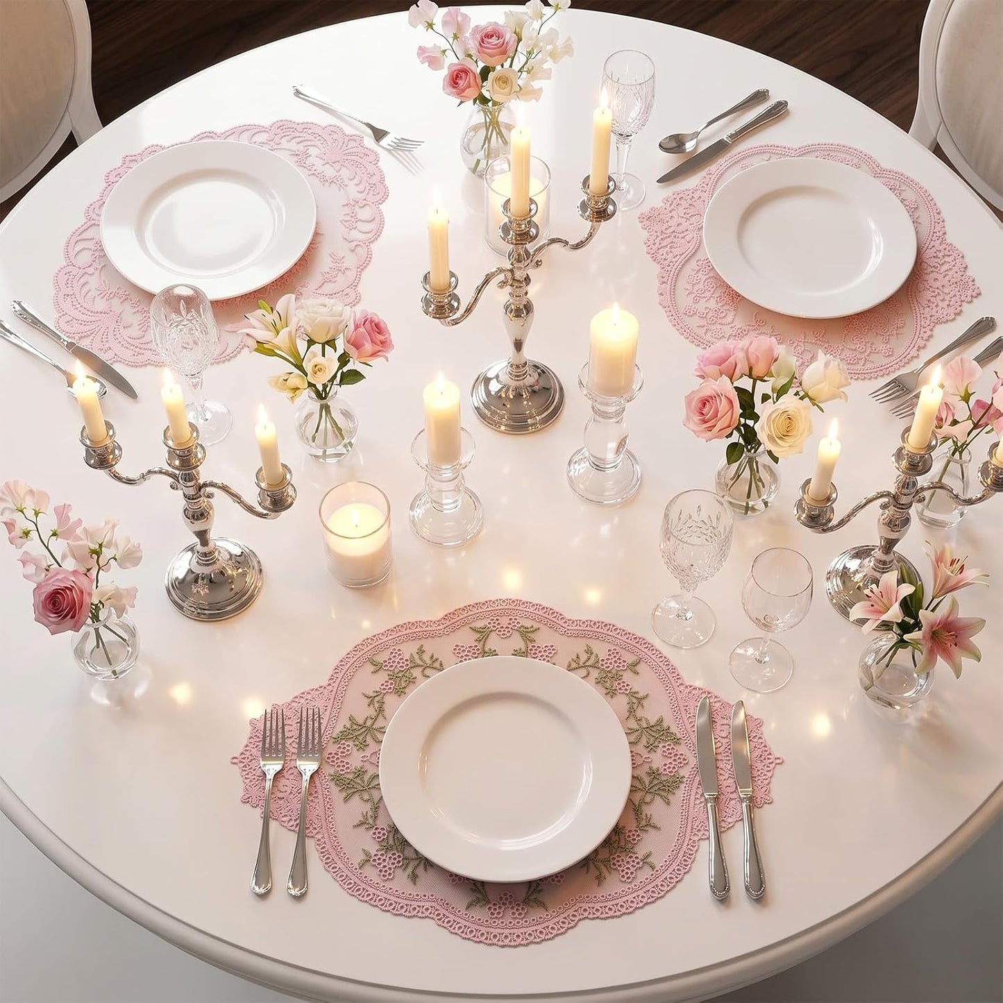 3 Pcs Pink Retro Lace Placemats, 12x16 in Lace Doilies for Tables French Crochet Oval Embroidered Table Place Mats for Wedding Party Home Vase Cup Mat Table Decor(3 Sizes)