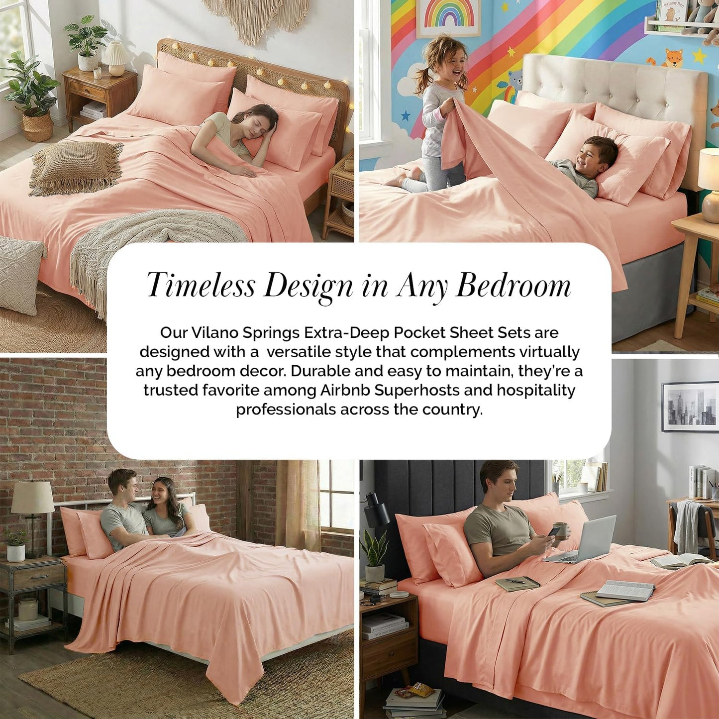 Southshore Fine Living, Inc. 6-Piece Bed Sheets Full Size Set, 21-Inch Full Size Bed Sheets, 1 Deep Pocket Fitted Sheet, 1 Flat Sheet, Queen Pillowcases, Blush Pink Pillow Cases, Blush Bedding