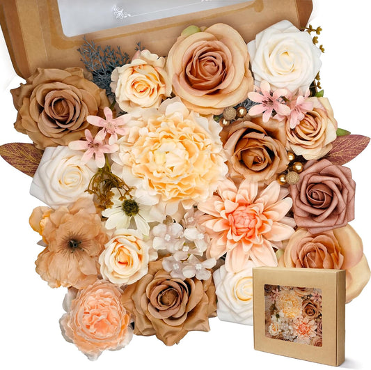 Artificial Flowers Combo Box Set 35pcs Silk Champagne Fake Rose, Peonies with Stem for DIY Wedding Cake Arch Bouquets Baby Bridal Shower Centerpieces Party Wall Home Decorations