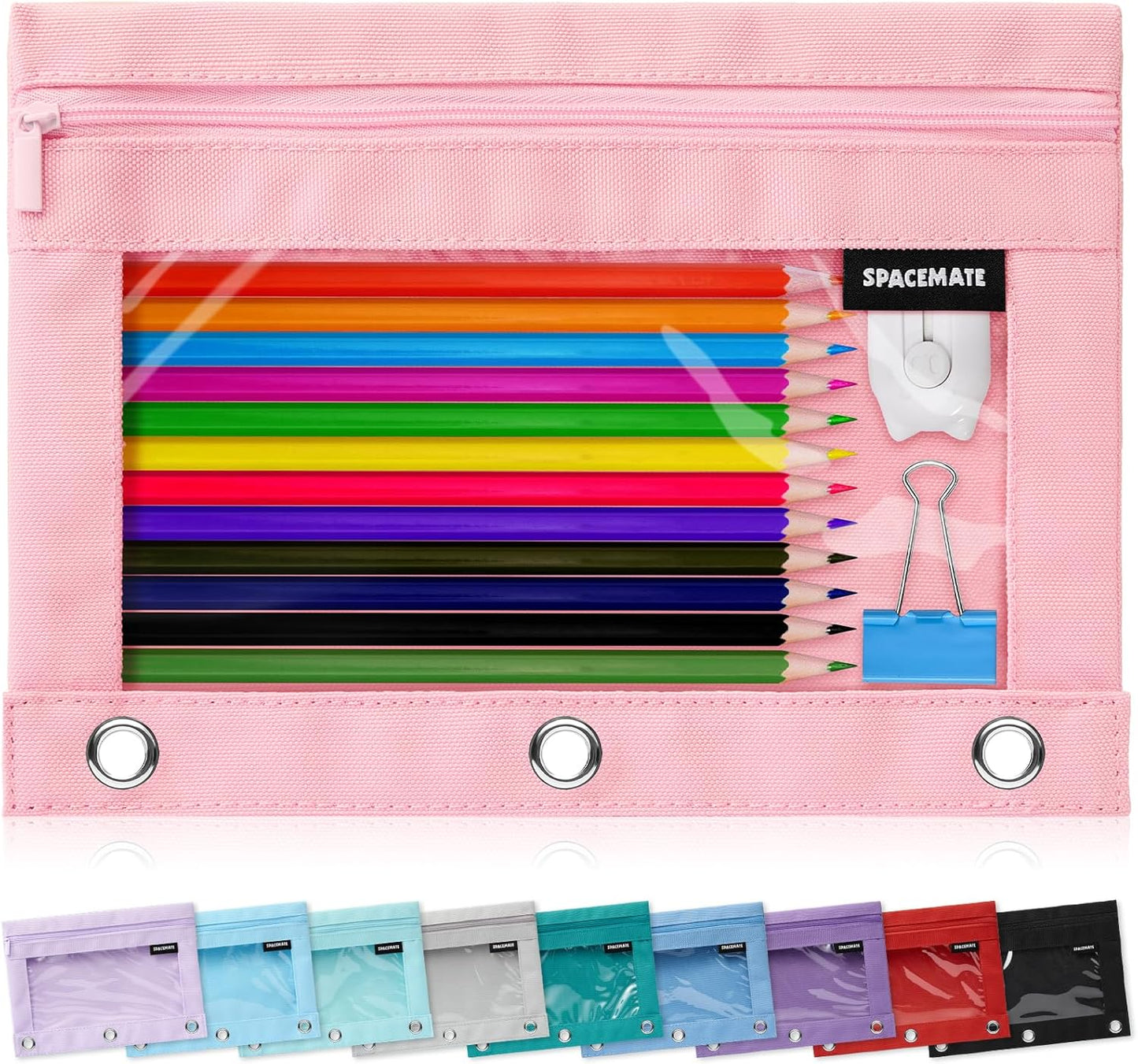 SPACEMATE Binder Pencil Pouch Case Box Bag for 3 Ring Binder School Supplies Girls Boys Kids, Clear Preppy Stuff Large Aesthetic Pen Organizer, Back to College Stationary, 1 Pack, Light Pink