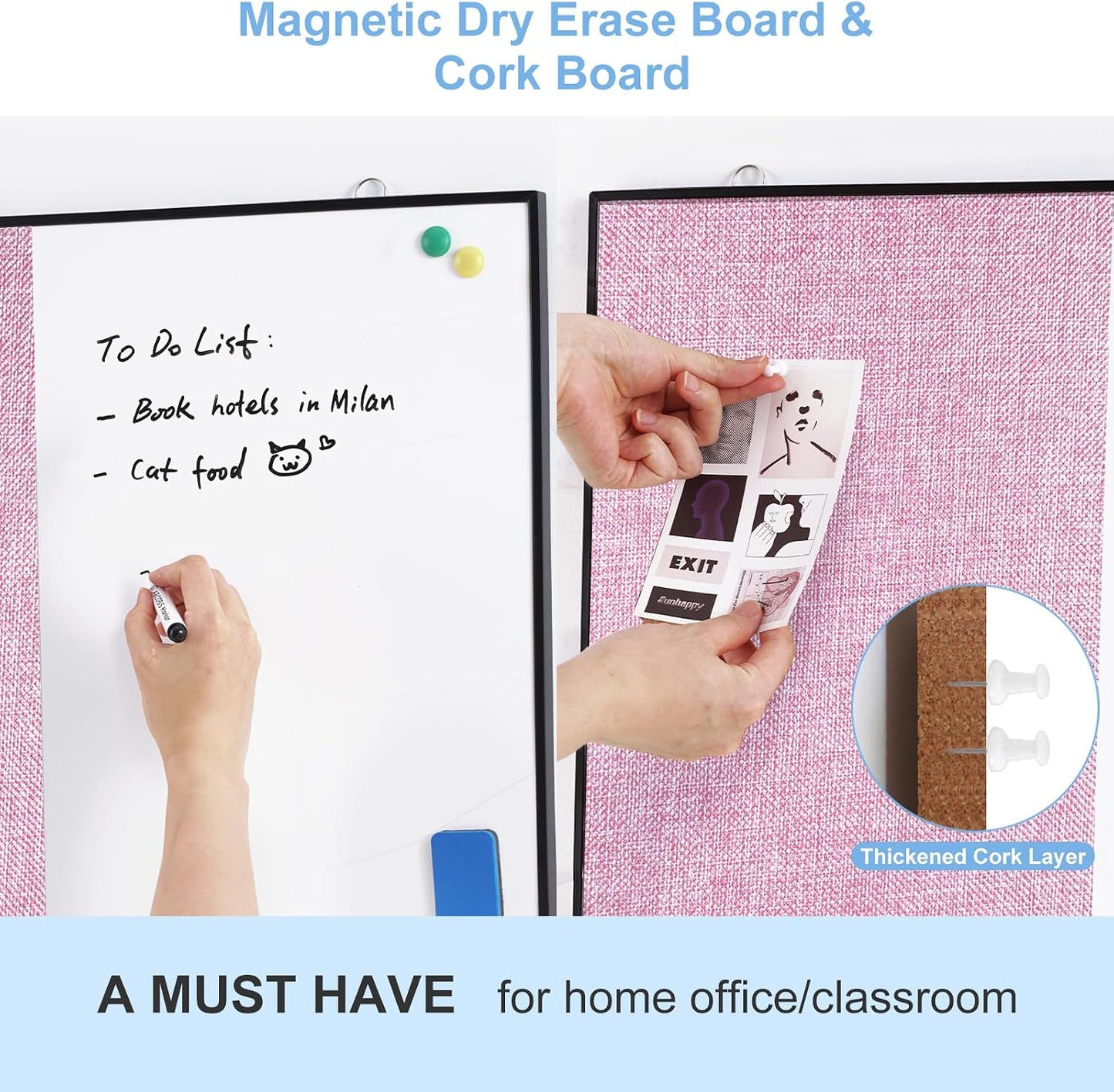 ARCOBIS Cork Board White Board Combo, 24"X18" Linen Bulletin Board Whiteboard for Wall, Double-Sided Magnetic Dry Erase Corkboard for Home, Office, School, Light Pink