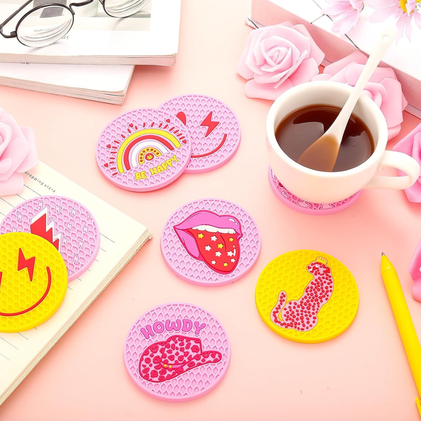 Lallisa 8 Pcs Pink Car Coasters Preppy Cup Holder Coasters Preppy Car Accessories Pink Leopard Smile Face Cup Holder Anti Slip Heat Silicone Mugs Mat for Woman Auto Home Office Table 2.8''