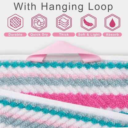 Pink Soft Towel Set (3PC, 100% Cotton), 1 Bath 28"x52", 1 Hand 16"x27", 1 Wash Cloth 13"x13, Quick Dry Towels with Hanging Loop, Striped Absorbent Towels Set for Bathroom & Guest, Pink and Aqua Stripe